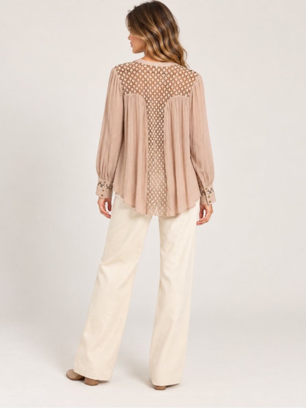 Free People Beige Crochet Inset Button Down Blouse Boho Oversized Size Medium
